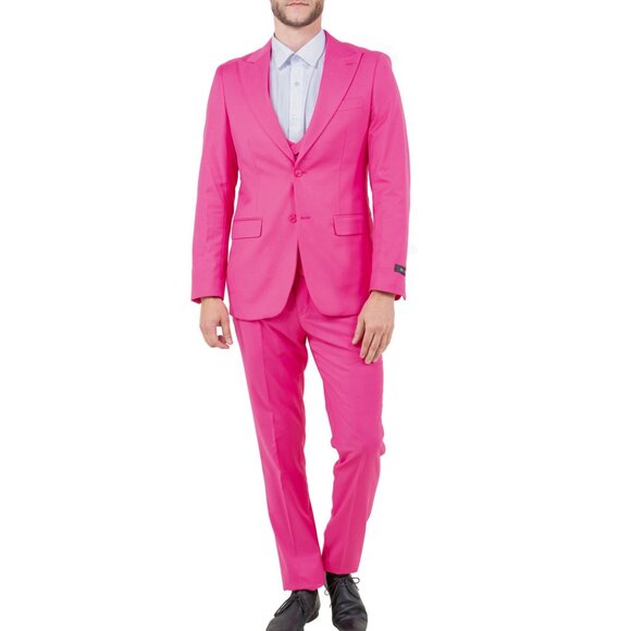 Fuchsia Peak Lapel Double Breasted Vest 3 Piece Skinny Fit Tazzio Men's Suit - Picture 2 of 2